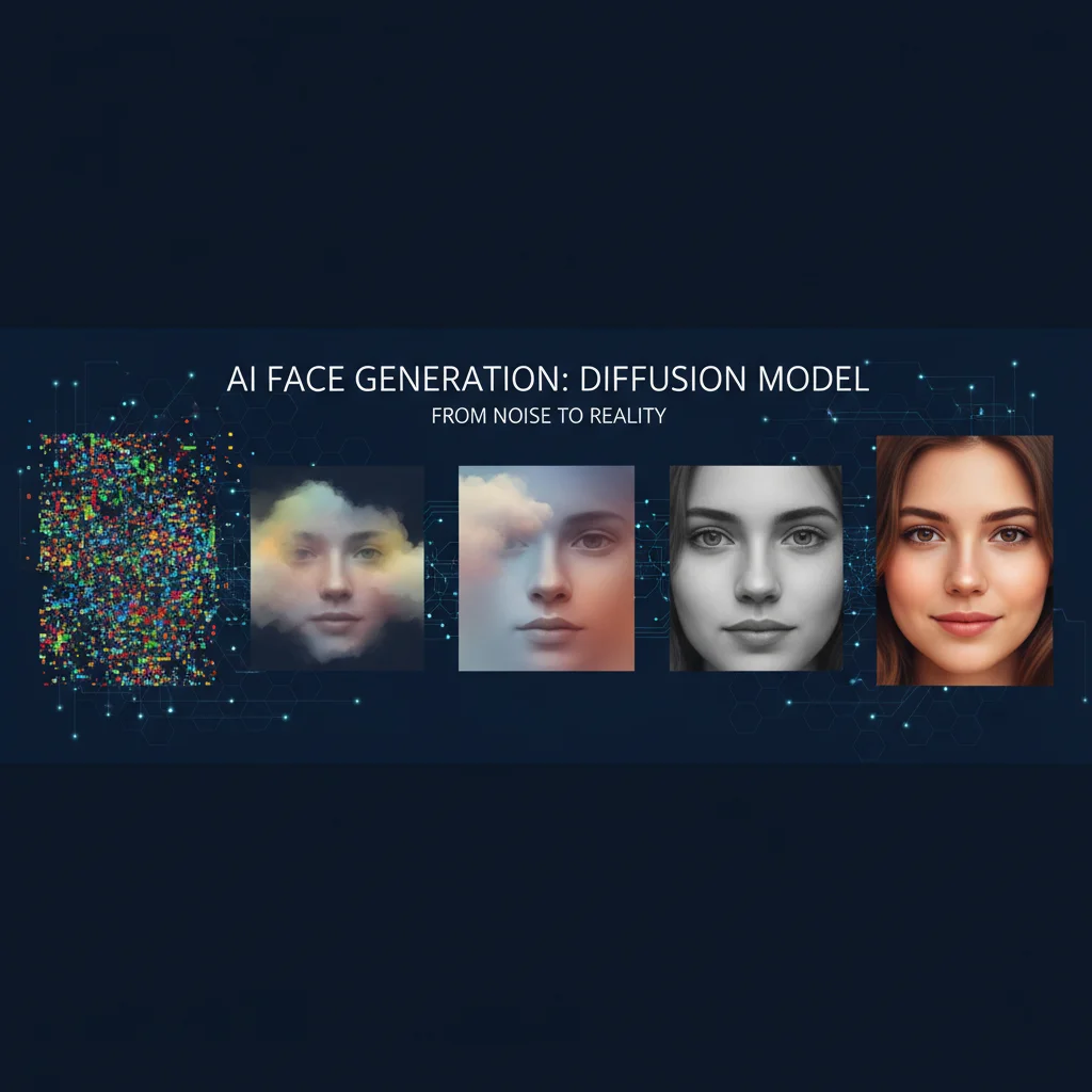 從隨機噪聲逐步去噪生成逼真人臉的視覺化過程，展示擴散模型的人臉生成能力