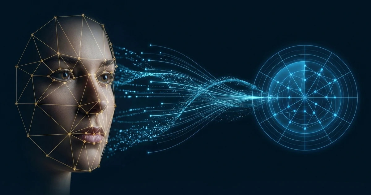 人臉經由特徵點偵測、嵌入向量萃取到相似度比對的視覺化流程