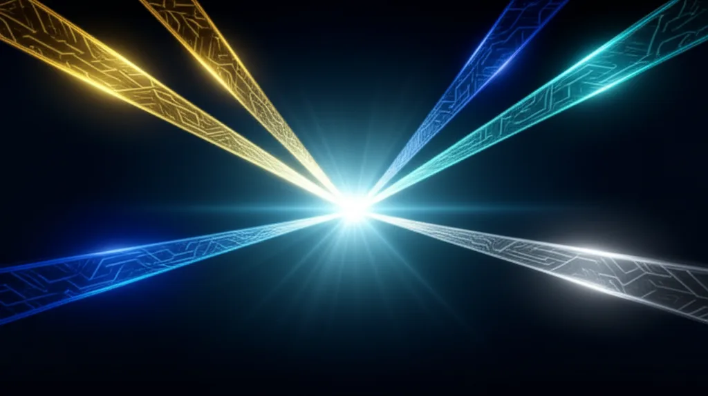 五條不同顏色的光束從各方匯聚至中央形成明亮的光核,象徵五大效率技術的協同融合