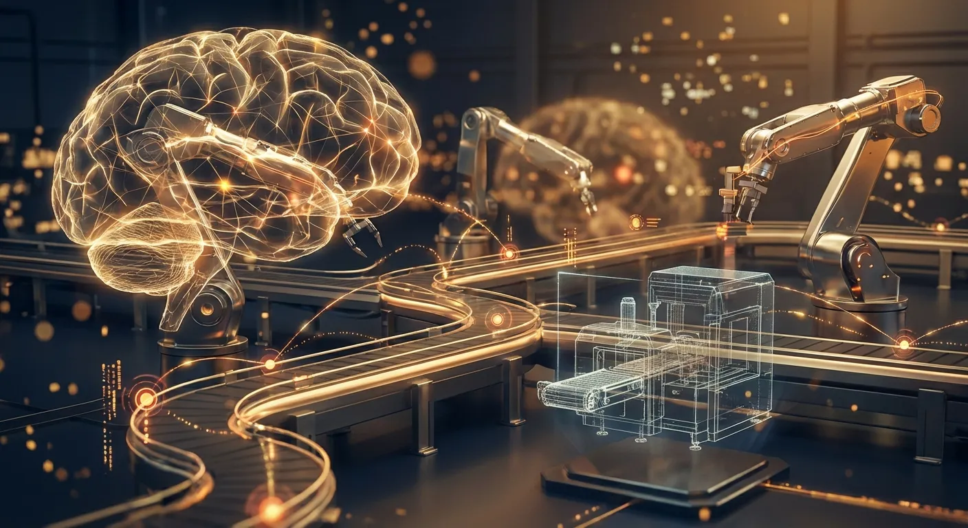 智慧工廠中 AI 驅動的生產線監控與數位孿生示意圖