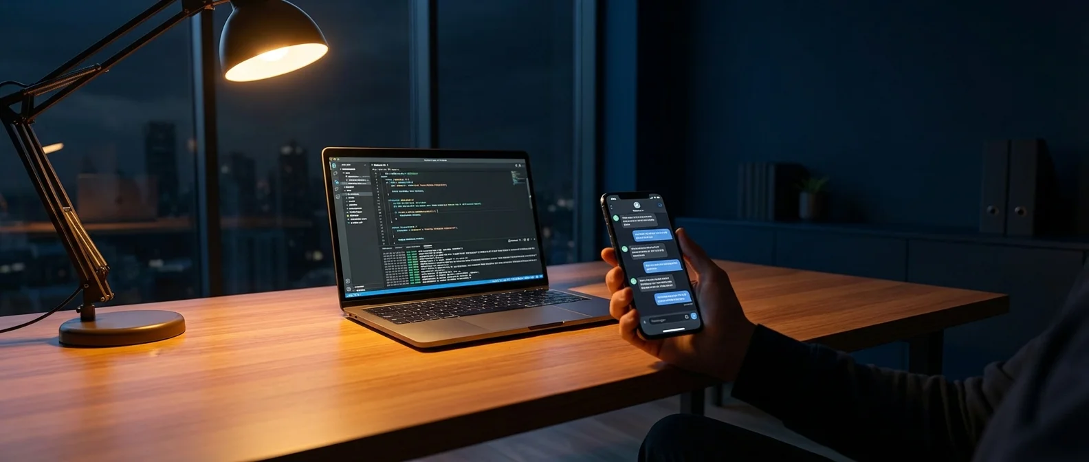 AI 自主代理從終端機部署並透過手機遠端控制電腦的視覺呈現