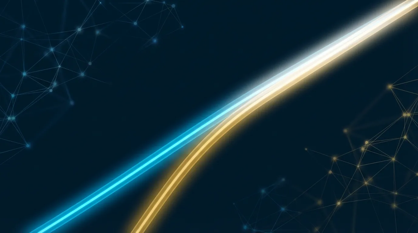 人類與 AI 對齊的抽象視覺化，雙軌光線逐漸趨同