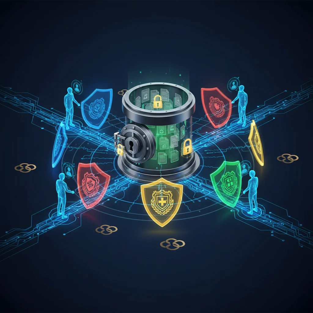 企業知識庫保險庫周圍環繞角色權限盾牌的安全存取控制視覺化場景