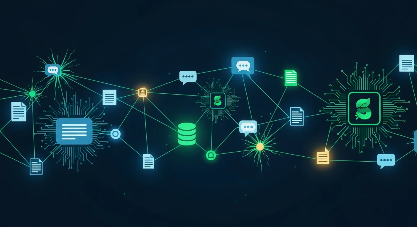 企業知識庫系統視覺化：神經網路連接文件、資料庫與智能對話介面的未來科技場景